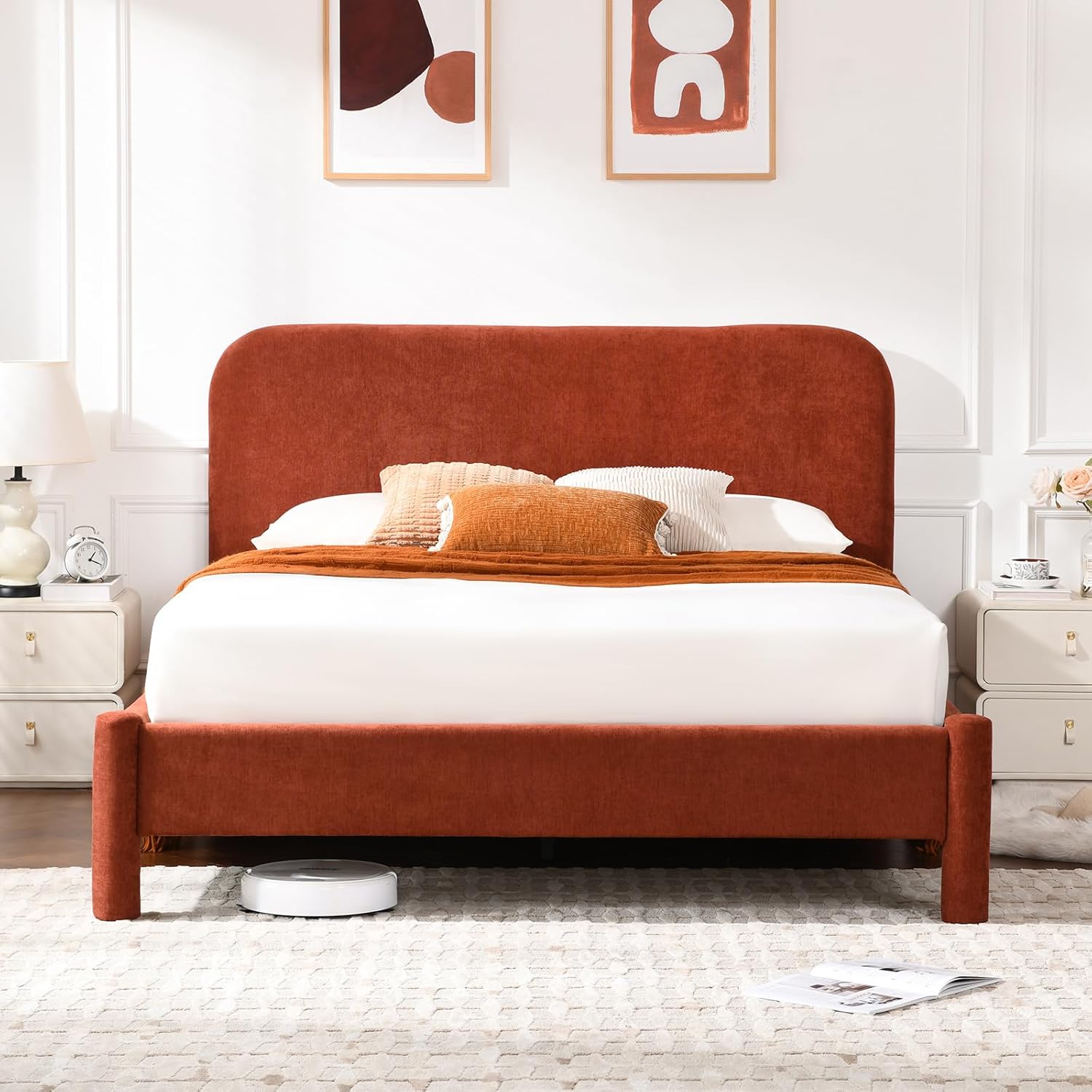 VELOCAVA King Size Upholstered Platform Bed Frame with Curved Headboard and Cylindrical Legs, Rounded Corners Design, Sturdy 45-Slat Support, Easy Assembly, Linen-Blend Fabric, Burnt Terracotta