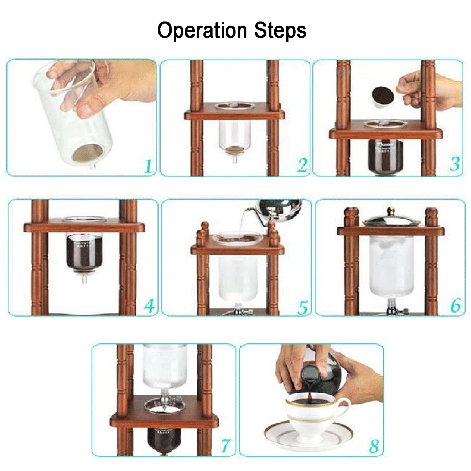 Cold Drip Coffee Maker for 5-8 Cups, Cold Brew Drip Tower, Iced Coffee Maker, with Dripper-Adjustable Water Flow, Glass Container and Vertical Wood Stand, Commercial Office Use