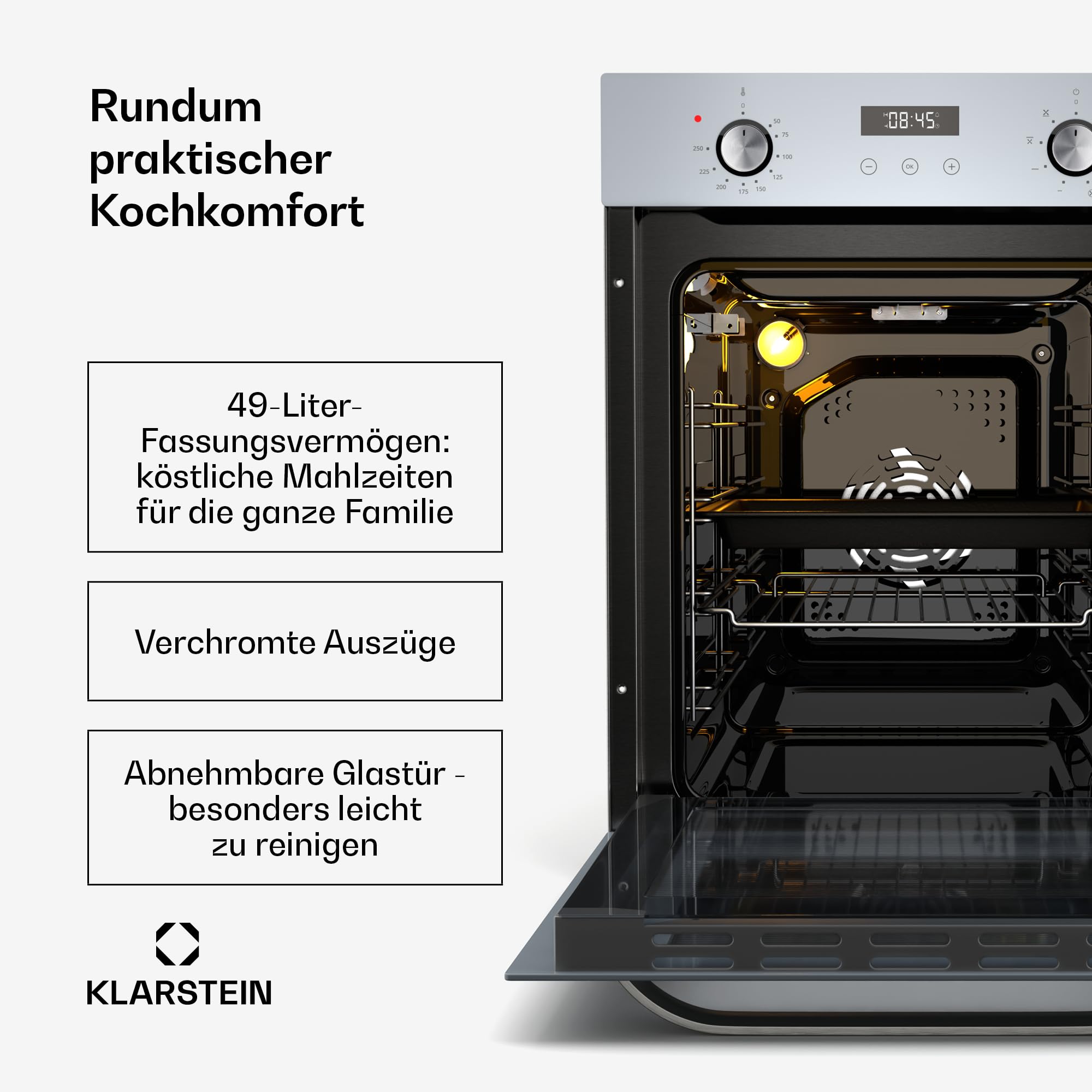 Klarstein SmartSlim Einbaubackofen - 45 cm, 49 L, 9 Funktionen, Dampfreinigung, Abnehmbare Glastür, Energieklasse A, Schwarzes Glas, Digitaler Timer, Backofen Einbaugerät
