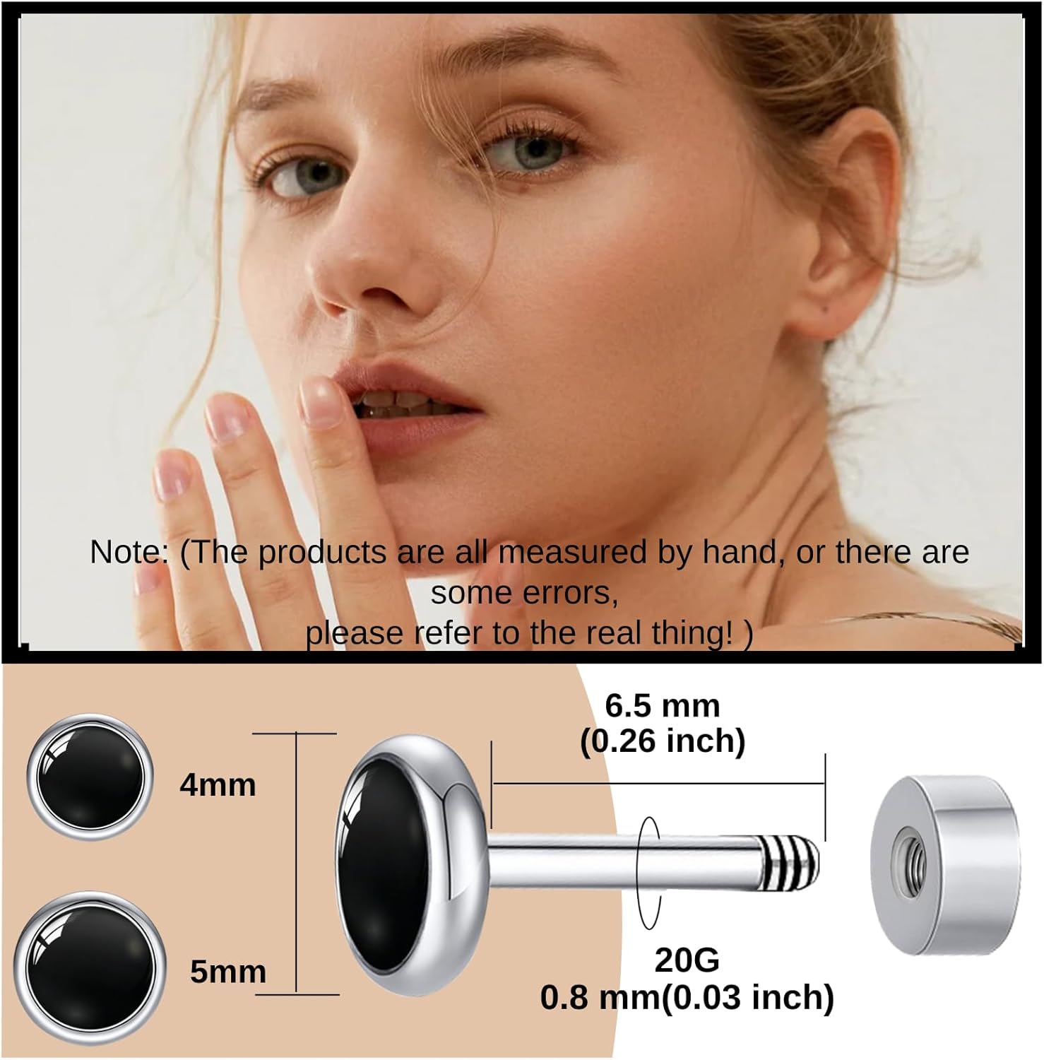 BLISI Black Onyx Pure Titanium Stud Earrings 4mm 5mm Natural Stone Women Earrings Hypoallergenic Gemstone Earring for Sensitive Ears 20G - Image 2