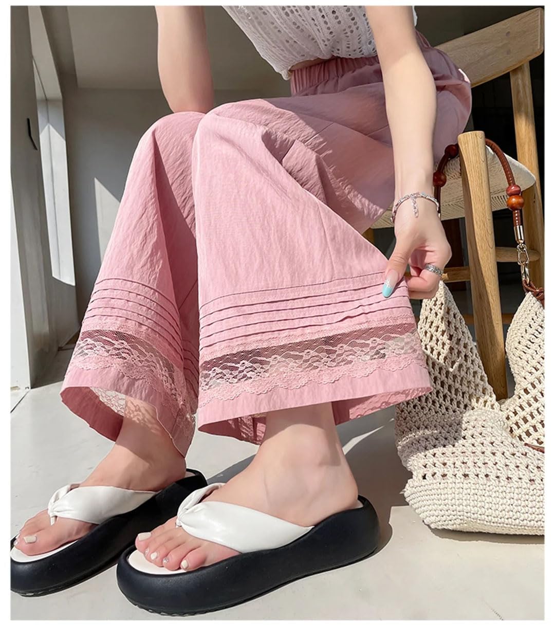 Pantaloni da donna a nove punti a gamba larga con cuciture in pizzo pantaloni eleganti larghi dritti a vita alta