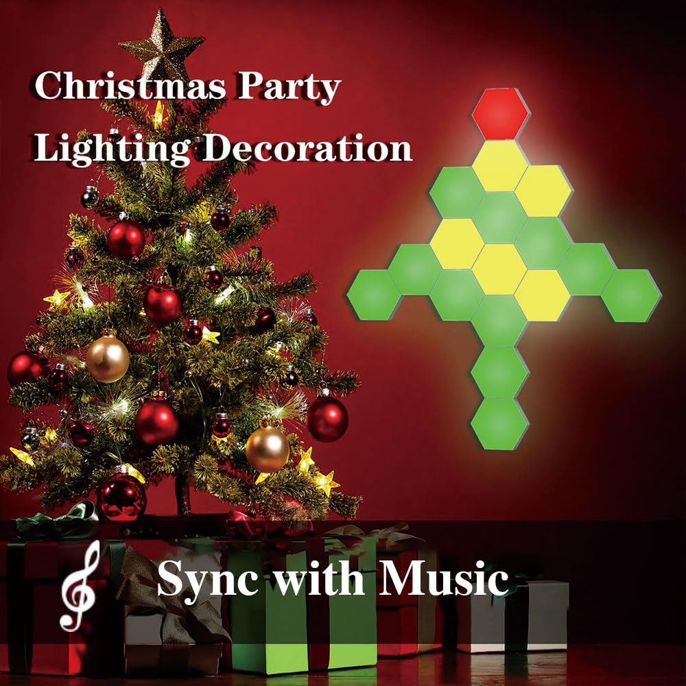 Vcwtty - Luces hexagonales de sincronización de música, luces LED inteligentes de pared, paquete de 10 unidades, paneles de pared RGB modulares ensamblados, luz hexagonal con alimentación USB para