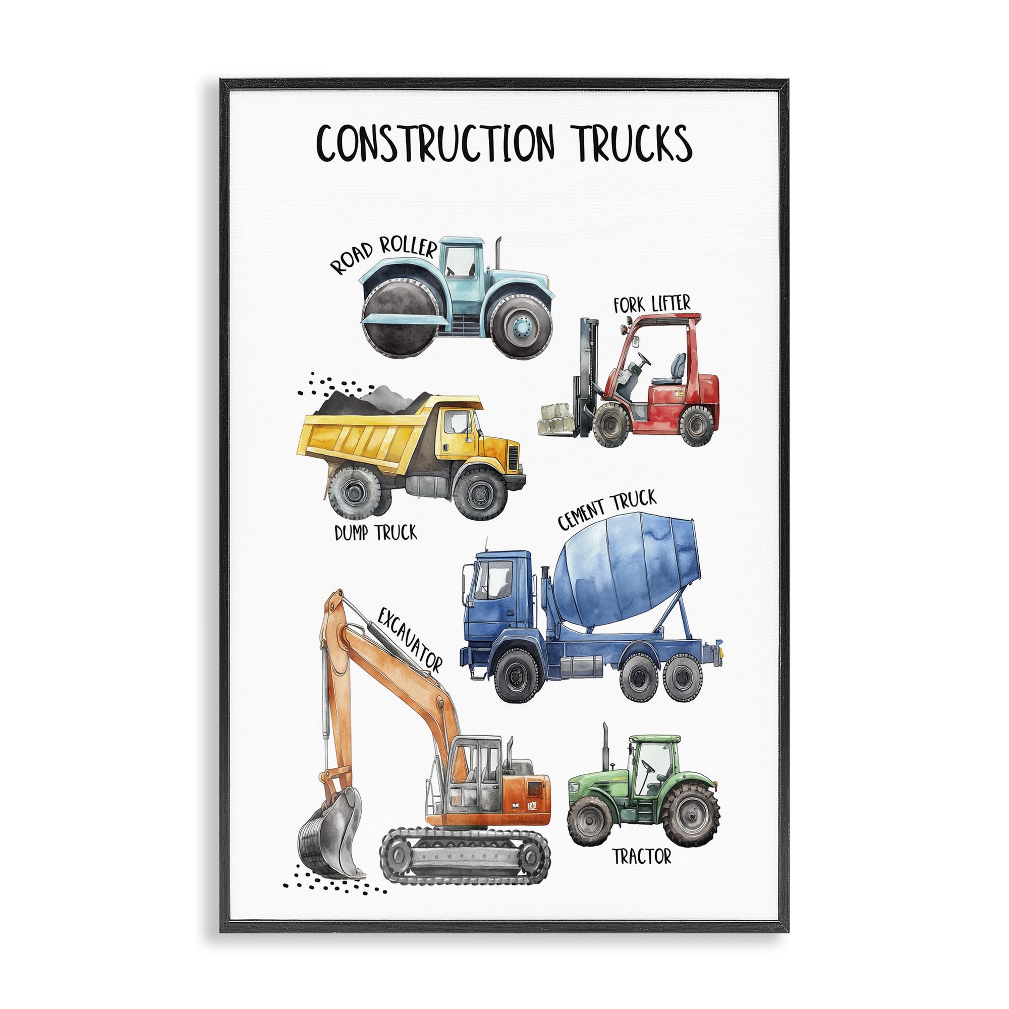 Stupell Industries Midnight Black (Textured) Utility Trucks Construction Kids, 20 X 30 Inch Framed Giclée Print