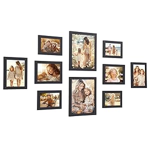 SONGMICS Set di 10 Cornici per Foto, Due 20 x 25 cm (8 x 10 Pollici), Quattro 13 x 18 cm (5 x 7 Pollici), Quattro 10 x 15 cm (4 x 6 Pollici), PS e MDF, Nero Inchiostro RPF310H