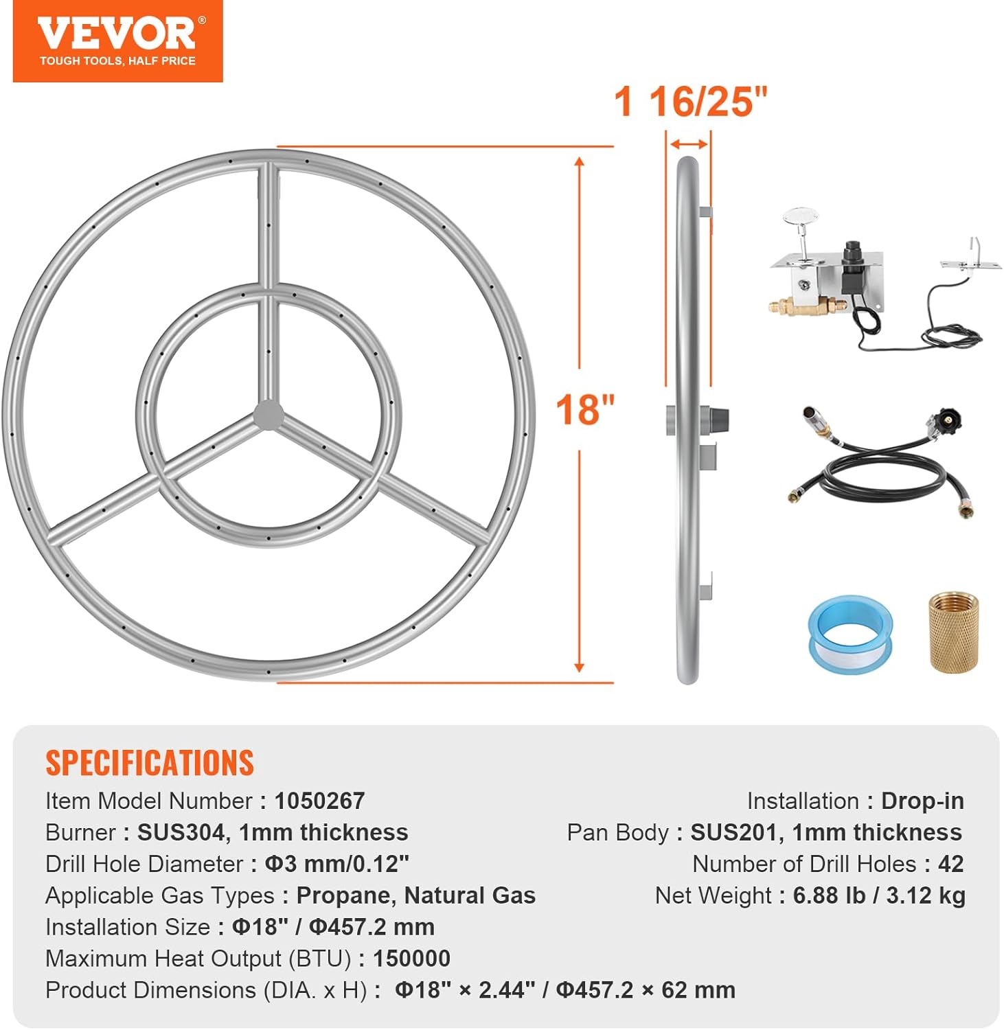 VEVOR 18 inch Round Stainless-Steel Fire Pit Burner Ring, Drop-in Fire Pit Ring Burner Kit for Natural Gas & Propane - with 150,000 BTU Heat Output for Indoor/Outdoor Use