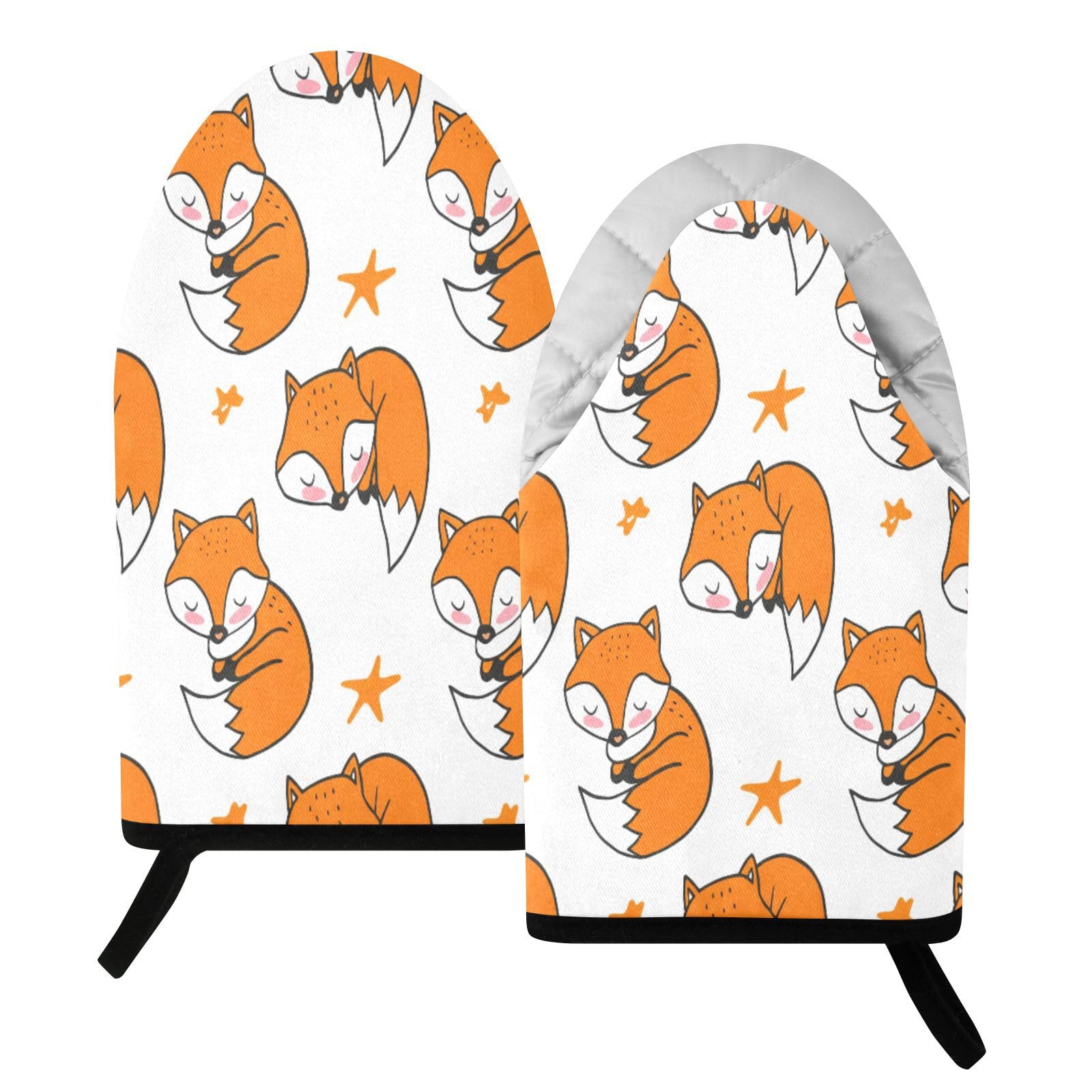 BURSTDDY Cartoon Fox (2) Oven Mitt,Heat Resistant Kitchen Mitts for Cooking
