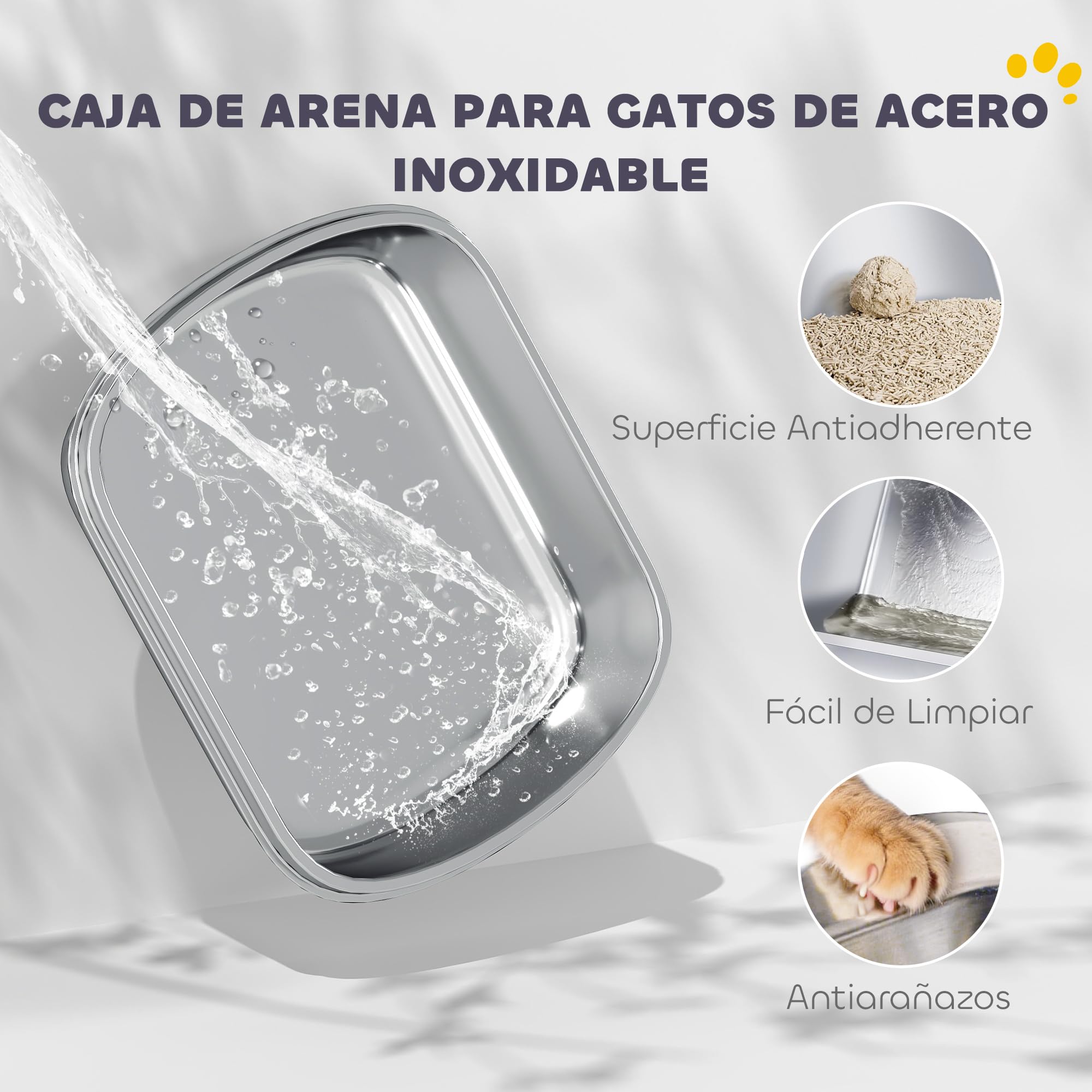 PawHut Arenero para Gatos de Acero Inoxidable XL con Tapa Abatible Blanco | Caja de Arena para Gatos, Laterales Altos, Entrada Superior, Pala, Sin Olores, Fácil de Limpiar, Antifugas