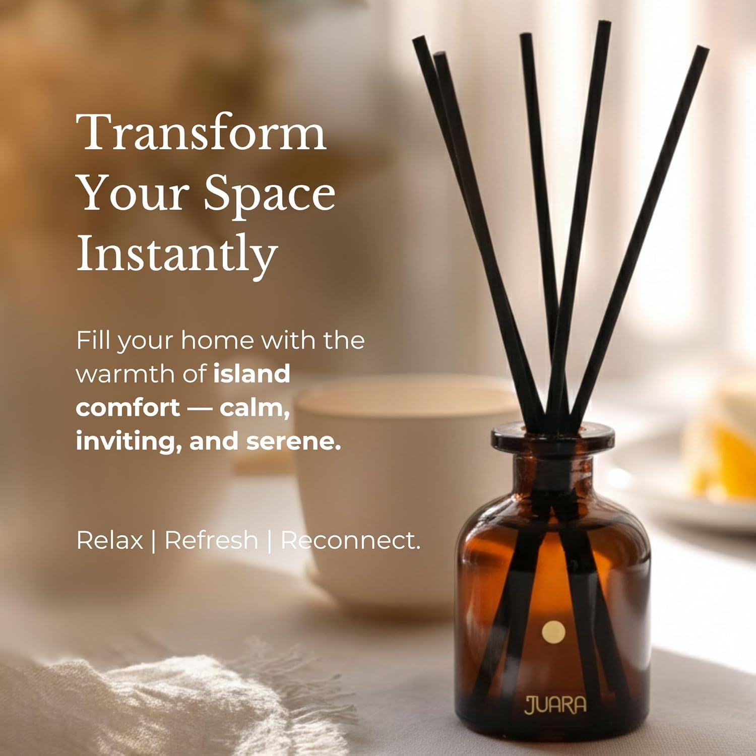 JUARA Candlenut Reed Diffuser Set 90ml - Indonesian Home Fragrance with Natural Reed Sticks - Long-Lasting Room Scent for Living Room, Bedroom & Bathroom, 3 oz