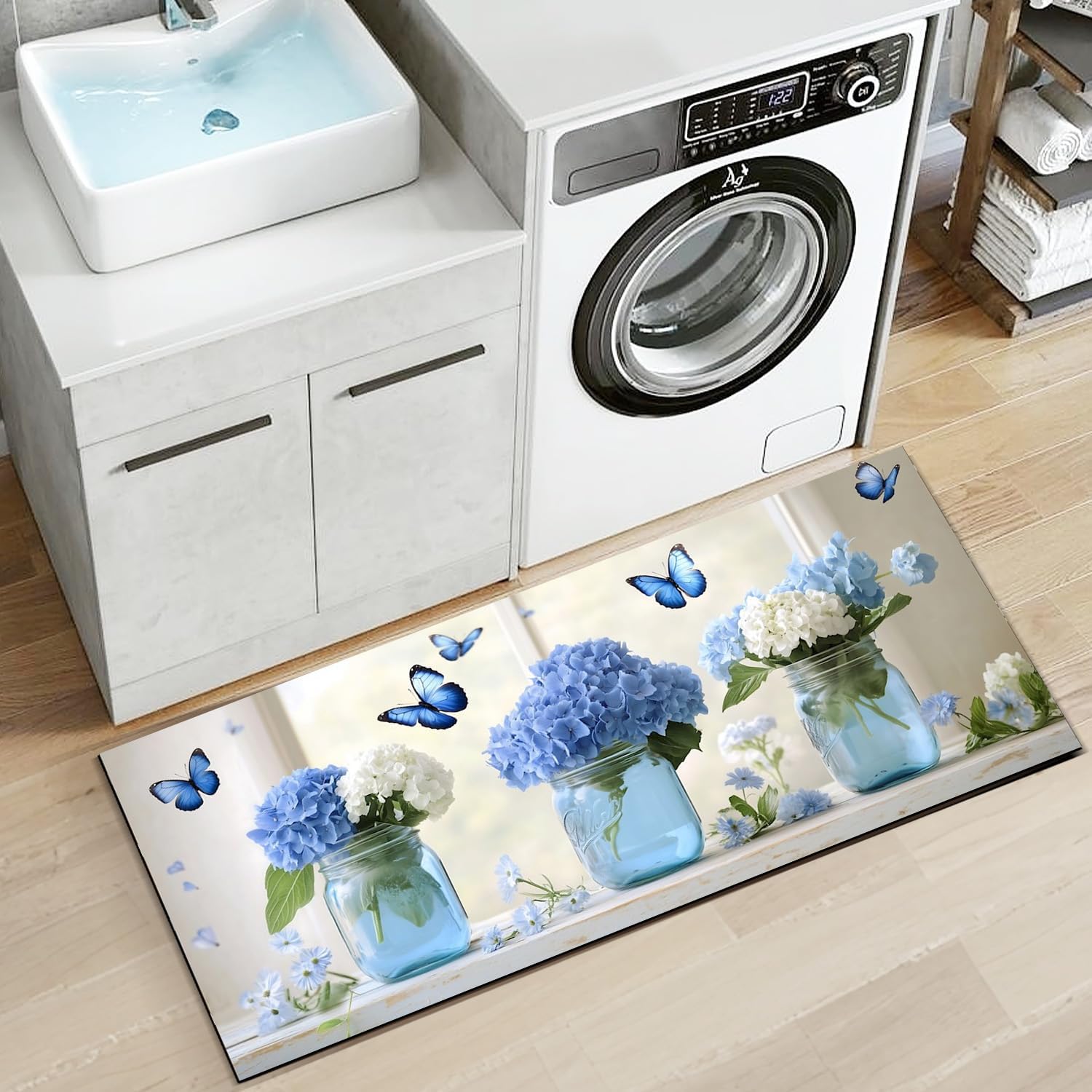 Kitchen Mat 19.7 x 47.2 Inch Non Slip Kitchen Runner Rug Blue Hydrangea Butterfly Long Floor Mat for Sink Laundry Hallway Entryway Decor