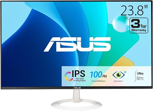 ASUS 24 23.8-inch viewable Eye Care Monitor VZ24EHF-W - IPS, Full HD 1920 x 1080, Frameless, 100Hz, Adaptive-Sync, 1ms, HDMI, Low Blue Light, Flicker Free, Ultra-Slim Profile,