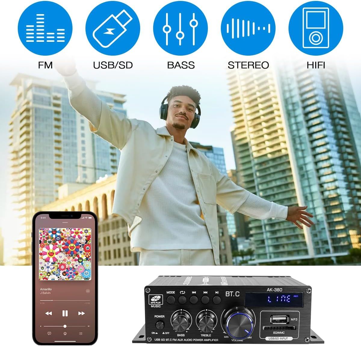 Hosyond Bluetooth 5.0 Audio Amplifier 400W+400W 2.0 CH AMP HiFi Stereo Treble Bass Audio Receiver for Passive Speakers Theater System AK-380