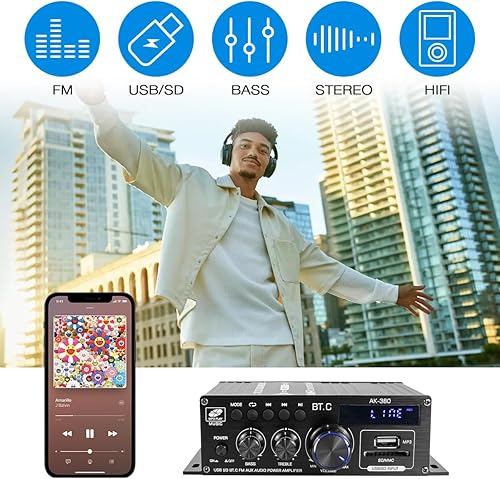 Miniatura 6 de Amplificador de audio Bluetooth 5.0 400 W+400 W 2.0 CH AMP HiFi estéreo agudos graves receptor de audio para altavoces pasivos sistema de teatro