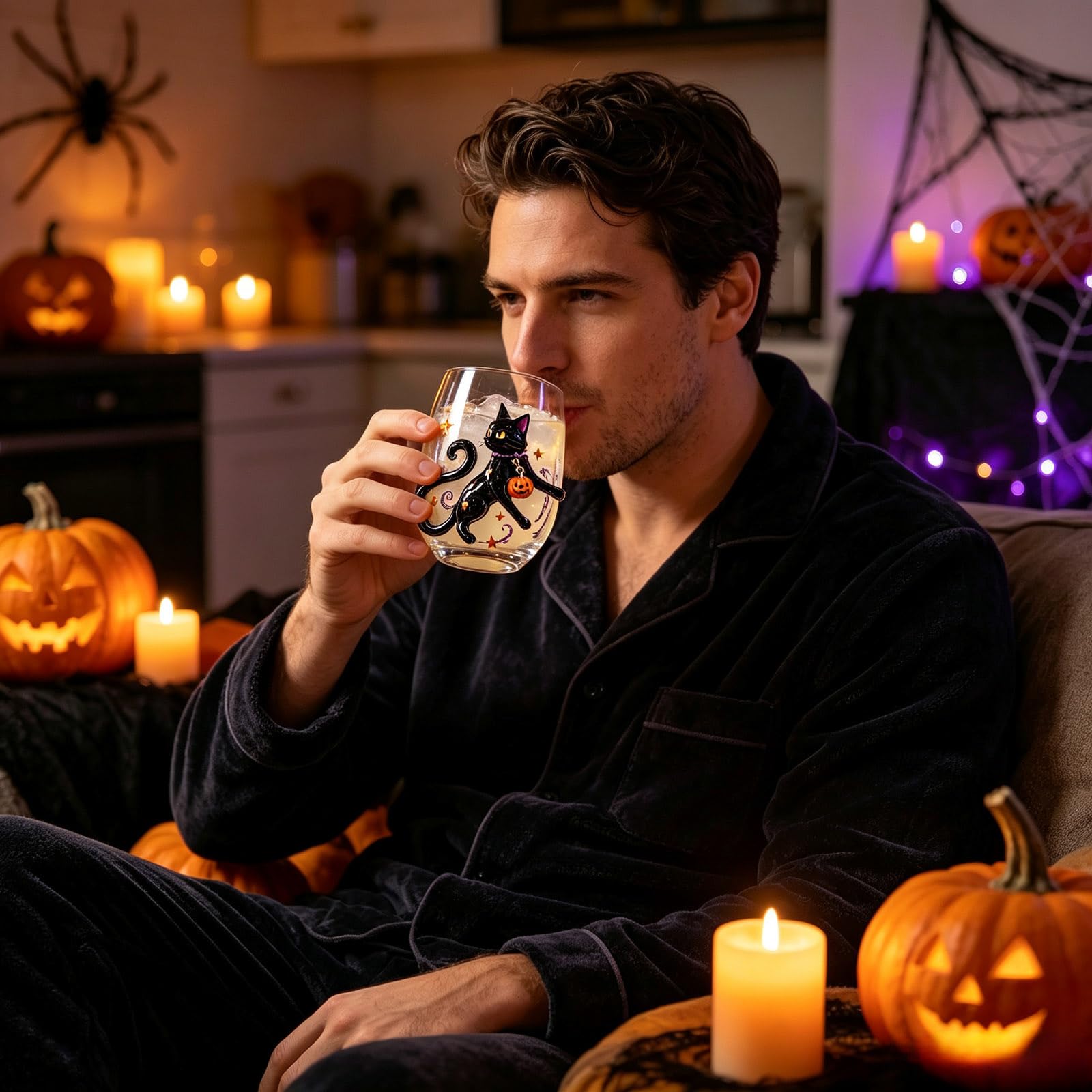 Halloween-2D-Glaswaren-Kollektion, Stiellose Trinkgläser mit erhöhtem Kürbis-Geist, schwarzes Katzennetz-Design, gruselige, transparente Becher für Cocktails, Saft, Eiskaffee, Party-Geschenk