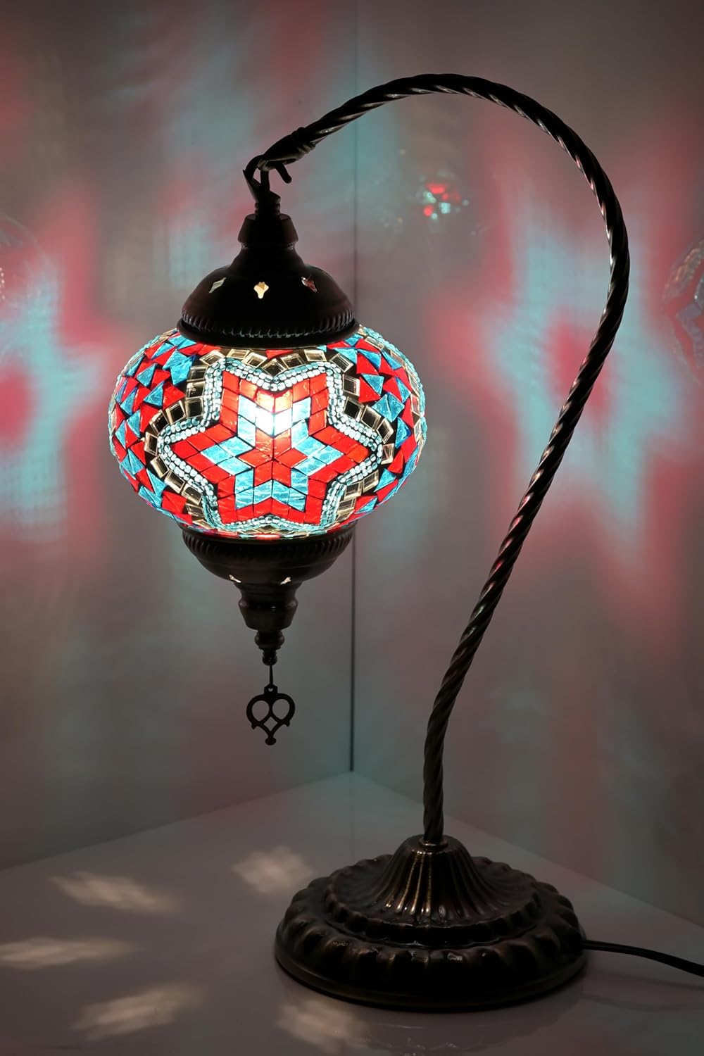 Swan Neck Turkish Moroccan Lamp Handmade Stained Mosaic Glass Vintage Lamp Shade Bohemian Tiffany Style Bedside Night Lamp Lighting for Bedroom Living Room (Blue Red)