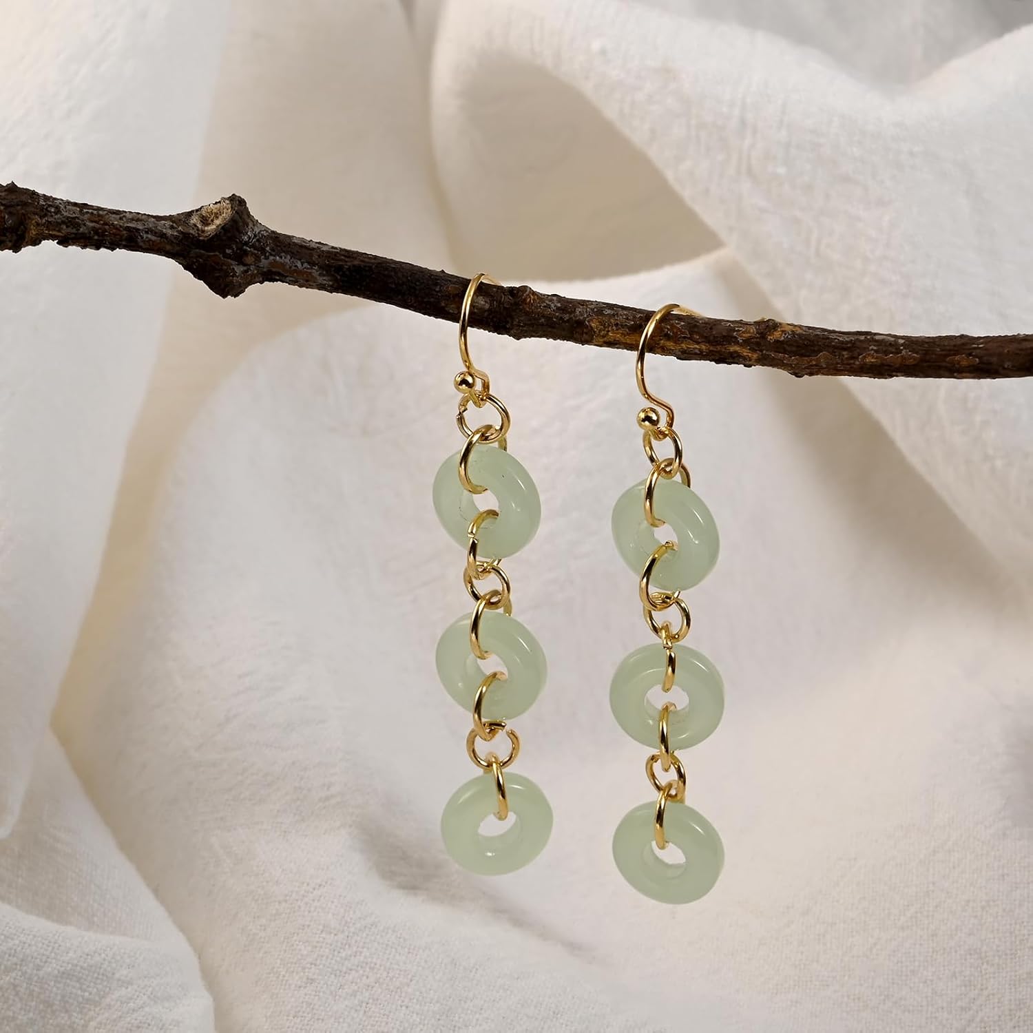 Gold Dangle Jade Earrings for Women with Three Green Jade Circles Long Elegant Statement Earrings Emerald Green Jewelry - Image 7