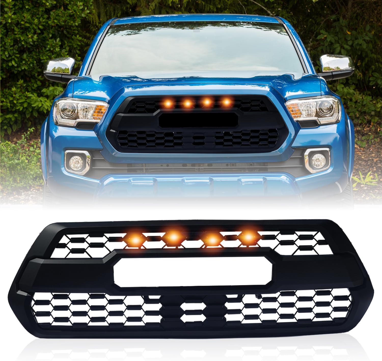 フロントグリル Tacoma SR/SR5/TRD Pro 2016-2023用 ABSラジエーターグリル アンバーLEDライト4個付き