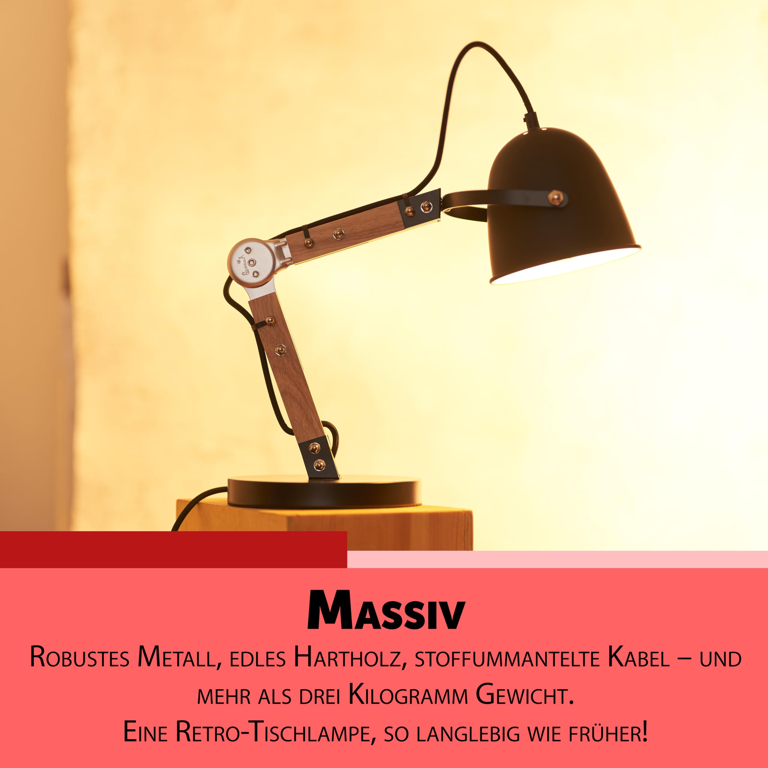 Opis TL1 : Vintage Style Tischlampe als klassische Nachttischlampe oder Industrial Retro Schreibtischlampe aus massiven Holz und Metall-teilen in Schwarz