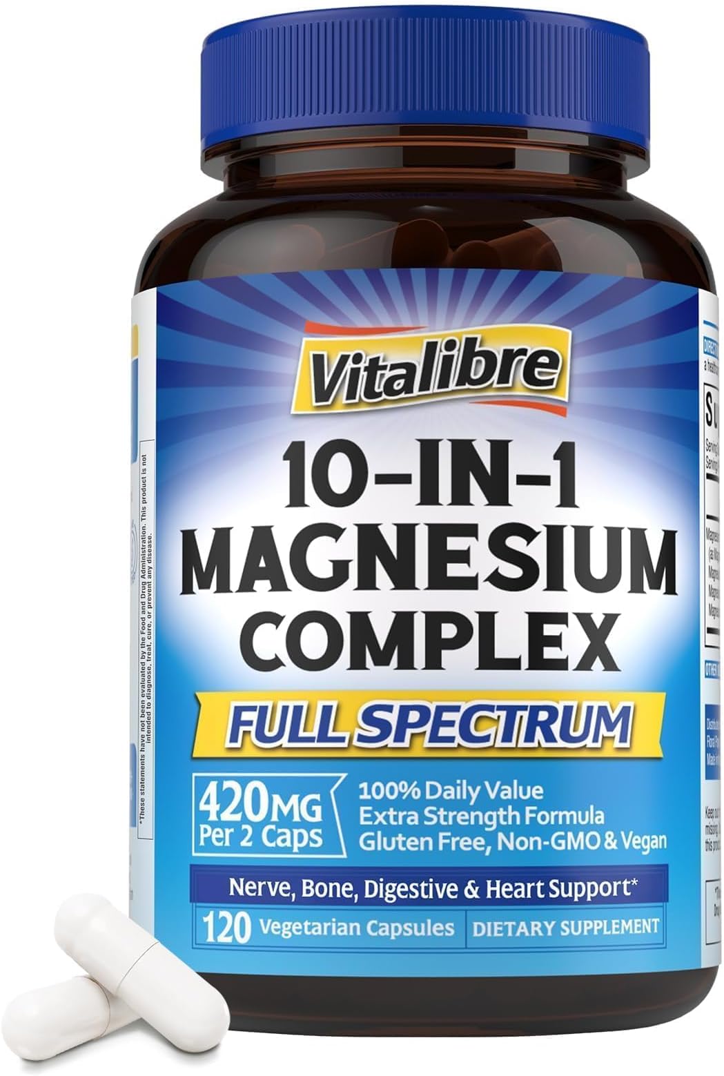 10 in 1 Magnesium Complex, 420mg Elemental Magnesium 120 Capsules | Ultra Strength, Max Absorption | Chelated Magnesium Supplement for Women Men Nerves, Bone & Heart Health | Non-GMO