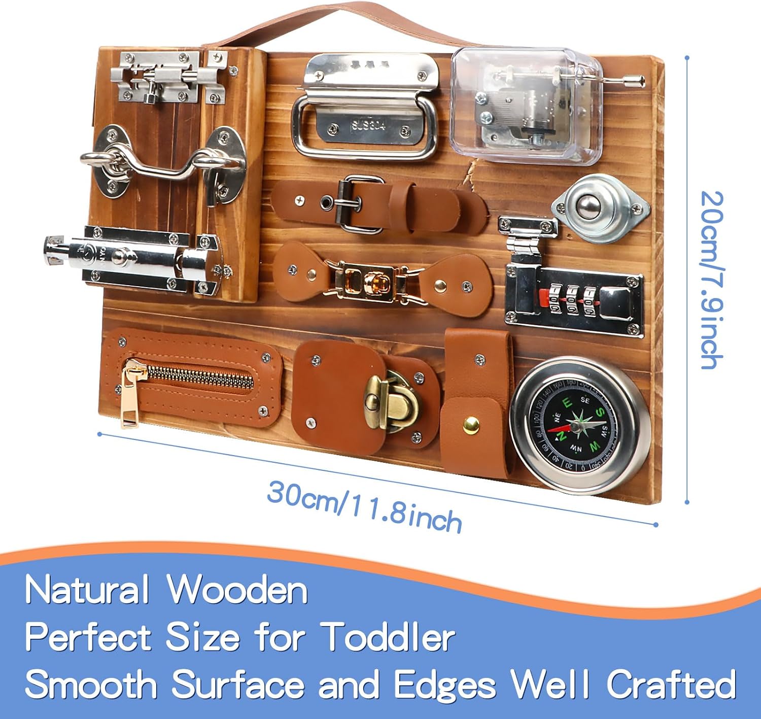 Busy Board for Toddlers, Travel Toy Fidget Board Activity Board for Fine Motor Skills, Wooden Busy Board Toys for 3 Years Old Boys & Girls with Switch, Locks, Music Box... - Image 3