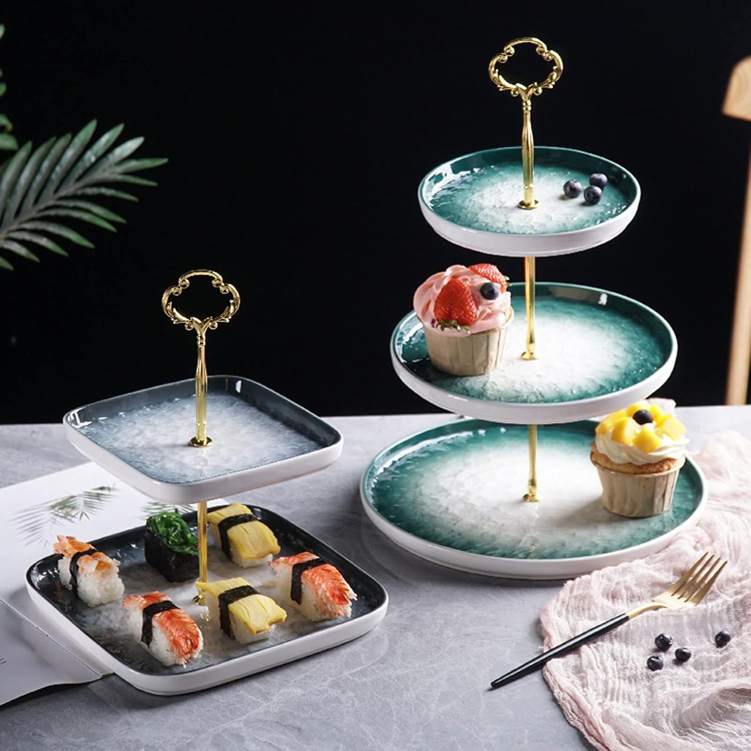 Cake Stand 3-Tier Ceramic Cake Stand Round Dessert Table Detachable Cupcake Display Stand Multi-Purpose Afternoon Tea Pastry Serving Tray Cake Holder (Color : Green), jinyi2016SHOP-1998
