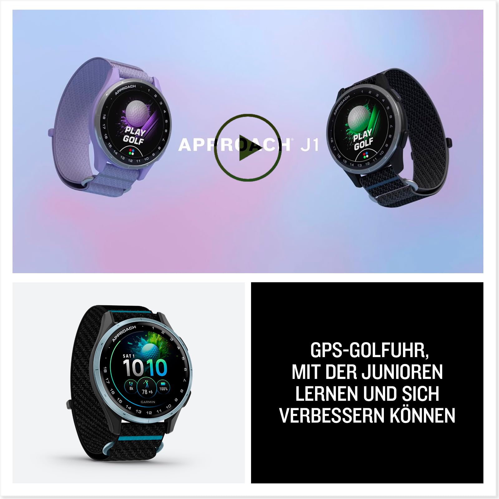 Garmin Approach J1 43mm - GPS-Golfuhr für Kinder und Jugendliche, 1,2" AMOLED-Display, bis zu 15 Stunden Akkulaufzeit im GPS-Modus, 43.000+ vorinstallierte Golfplätze, spezielle Junior-Features