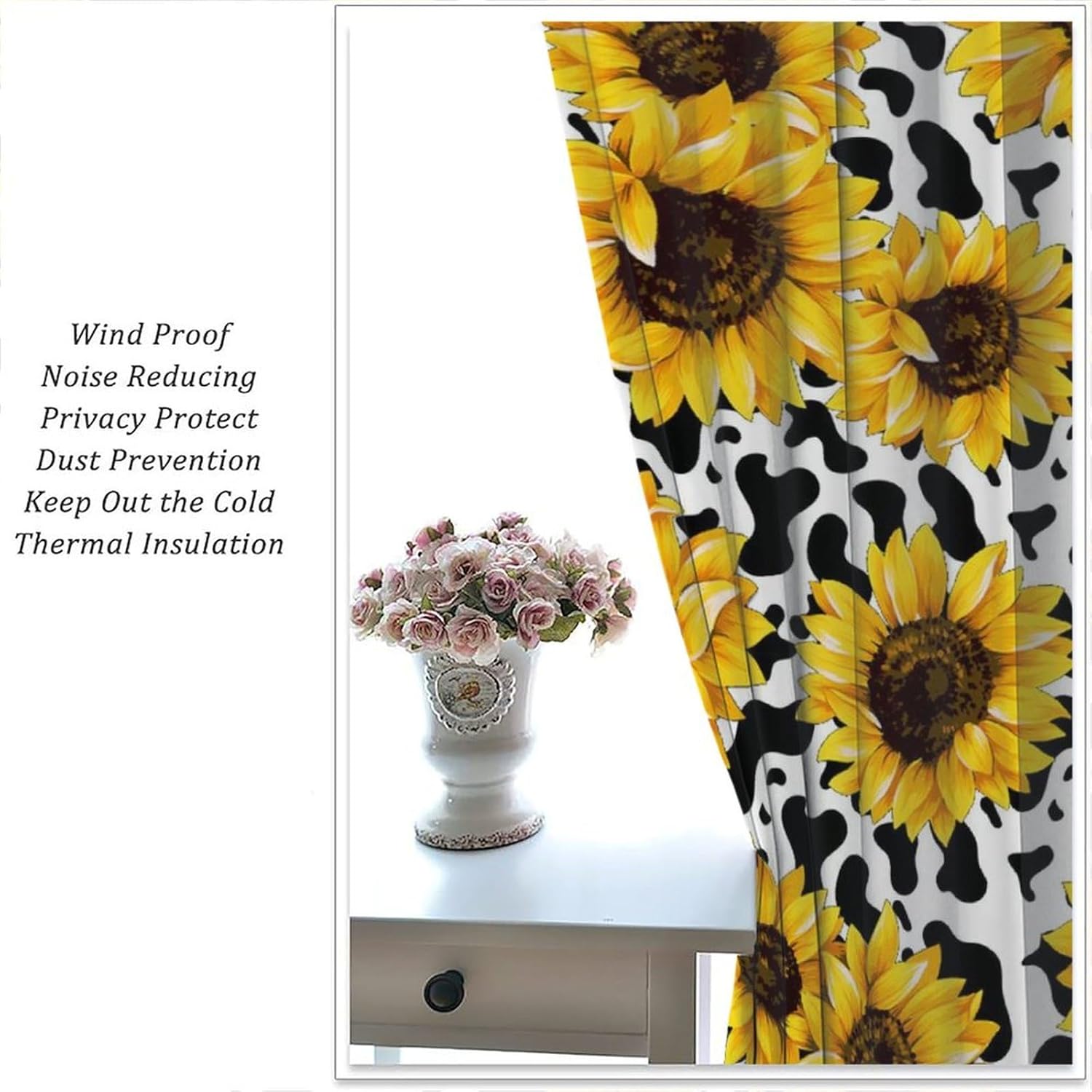 Sunflower Blackout Curtains Rustic Yellow Flowers Black White Milk Cow Print for Kids Girls Boys Women Bedroom Living Room Rod Pocket Decoration Window Drapes 2 Panels W21xL45in