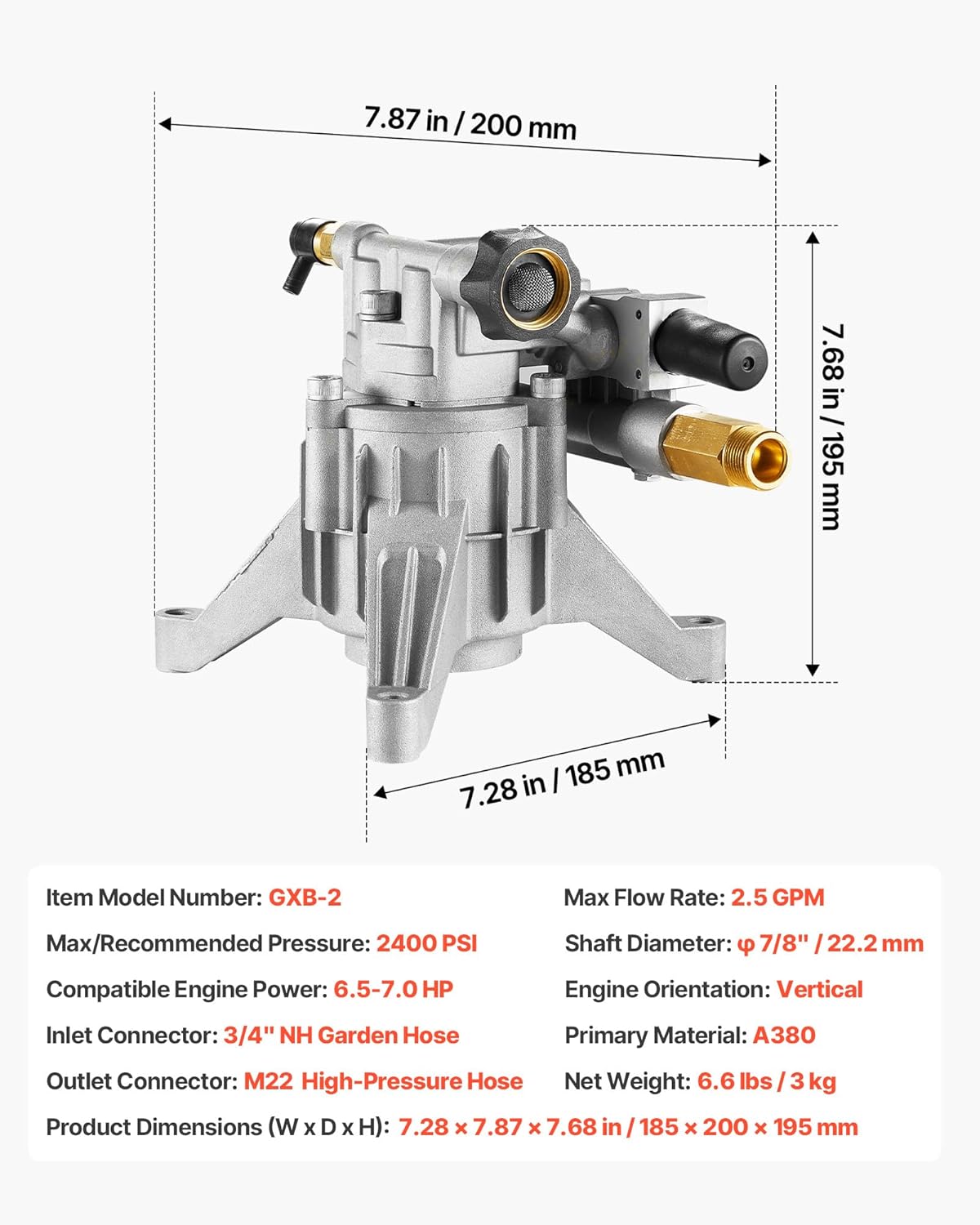 VEVOR Pressure Washer Pump, 7/8" Shaft Vertical, 2400 PSI, 2.5 GPM, Replacement Power Washer Pumps Kit with Hardware and Siphon Tube, Compatible with RYOBI, Honda, PowerStroke, Briggs and Stratton