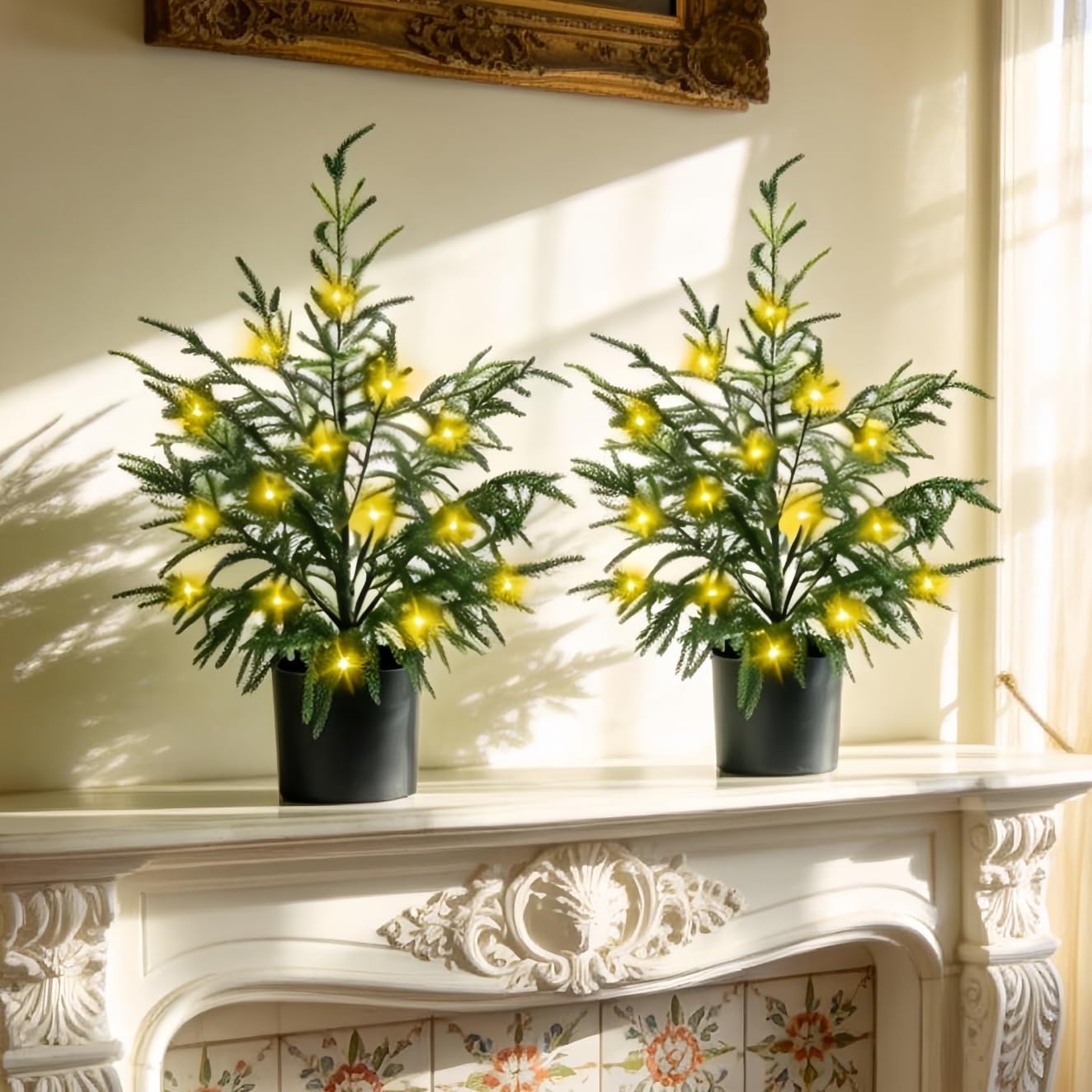 3FT Artificial Topiary Trees 2 Pack, Outdoor Topiaries Trees for Front Porch with Light, Realistic Fake Plants Norfolk Pine Trees for Indoor Home Front Door Offices