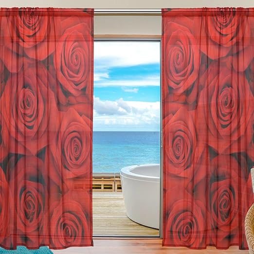 Amazon Mikyu レースカーテン おしゃれ 遮光 断熱 Uvカット ロース 赤 花柄 北欧 カーテン 薄手 目隠し 間仕切り インテリア お洒落 かわいい リビングルーム 窓 部屋 ドアカーテン 幅140cm 213cm 2枚セット レースカーテン オンライン通販