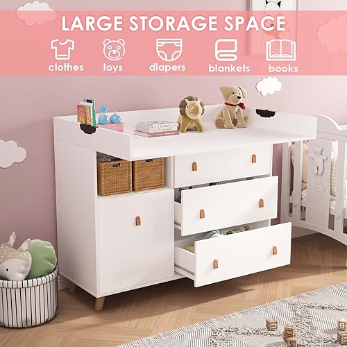Miniatura 3 de BANIROMAY Cambiador 2 en 1 con 3 cajones cómoda de guardería con rieles de seguridad y cesta de lavandería cómoda para dormitorio
