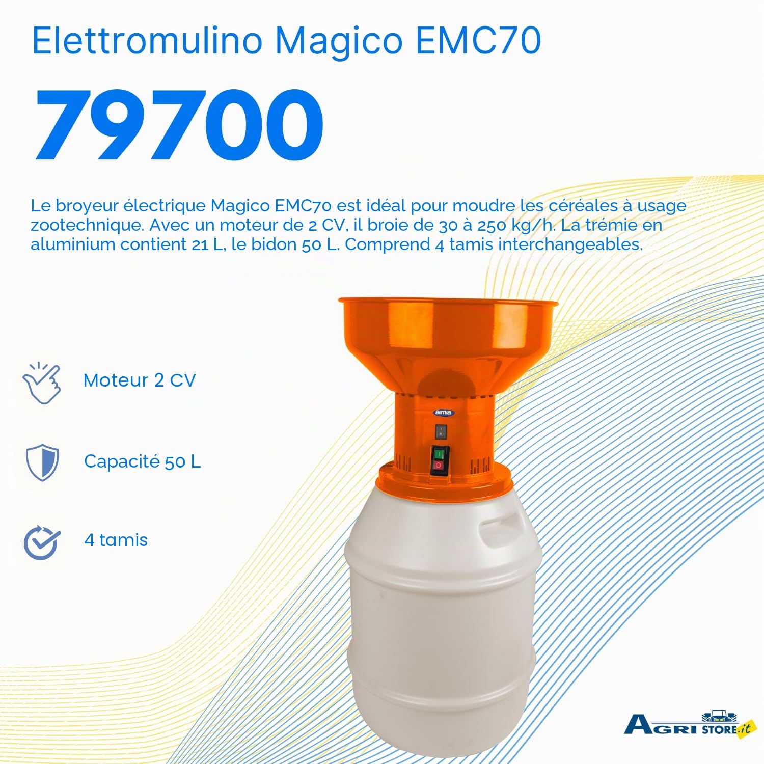 AMA Elettromulino Magico EMC70 : Moulin électrique AMA pour céréales, Moteur 2 CV, 1600 W, broyeur 30-250 kg/h, capacité 50 L, Made in Italy