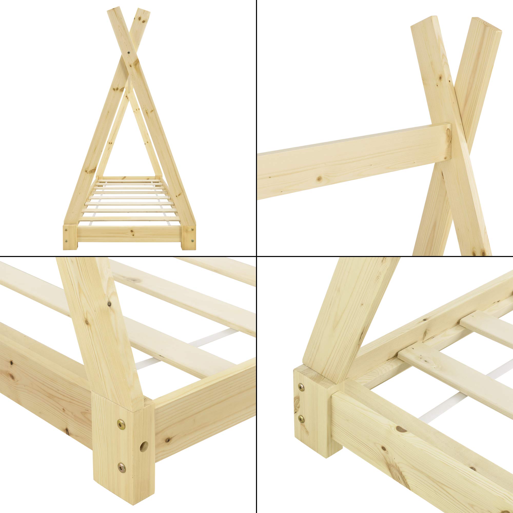 [en.casa] Cama para niños pequeños Cama Infantil 140 x 70cm Estructura Tipi de Madera Pino Color Pino Natural