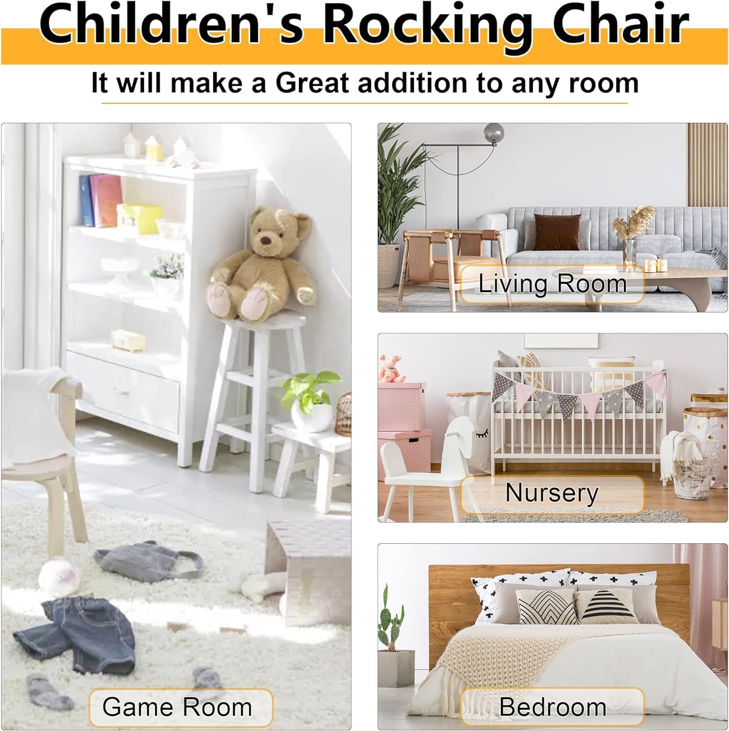 Kids Rocking Chair, Outdoor Kids' Rocking Chairs, Childs Toddler Childrens Porch Rocker Chair, Classic Wooden Rocker for Living Room, Bedroom, Balconies, Porches, Children's Rooms, White
