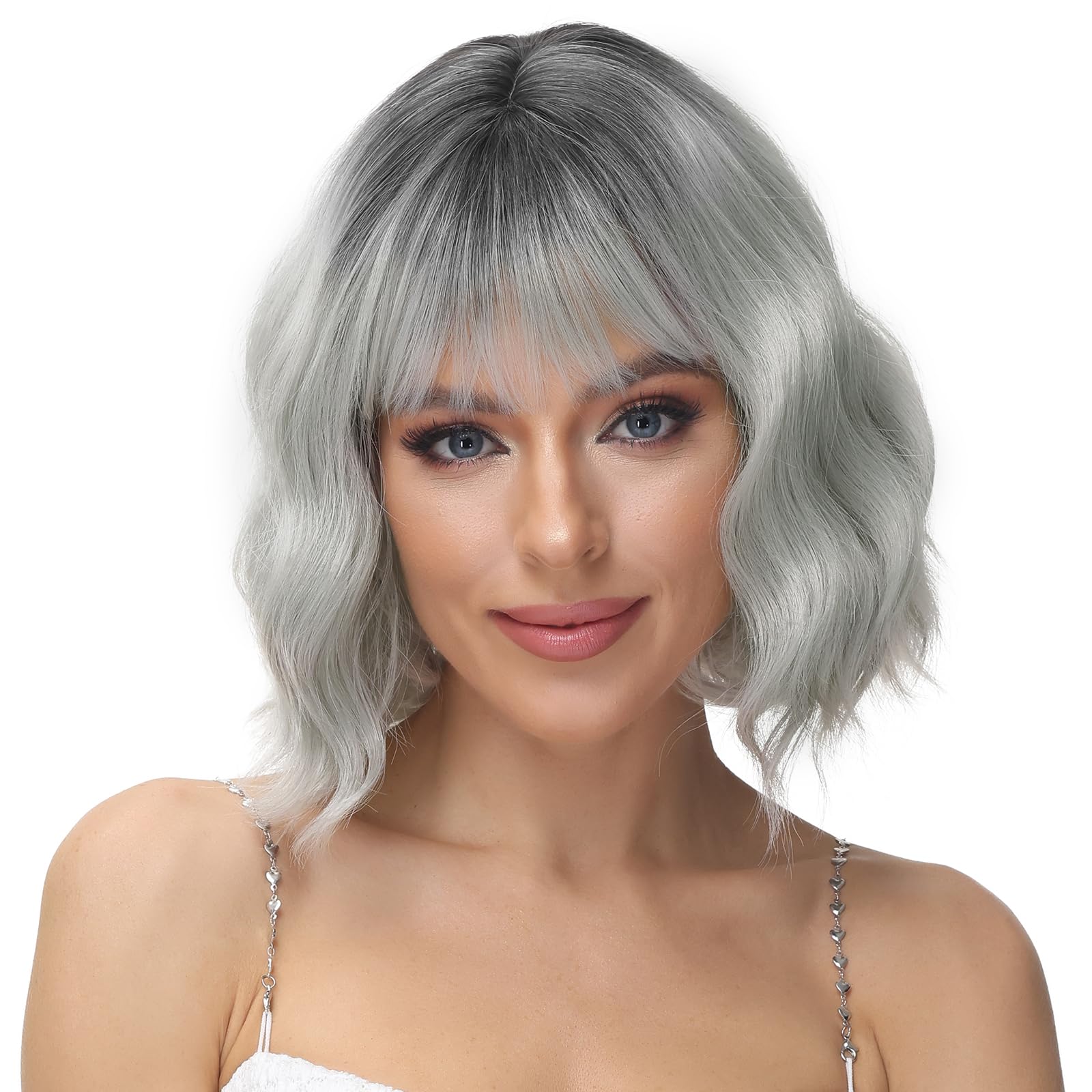 BEAUTIFA Blaue Bob-Perücke Mit Pony – Kurz, Gerade, Aus Hitzebeständiger Kunstfaser, Lustiger Farbakzent