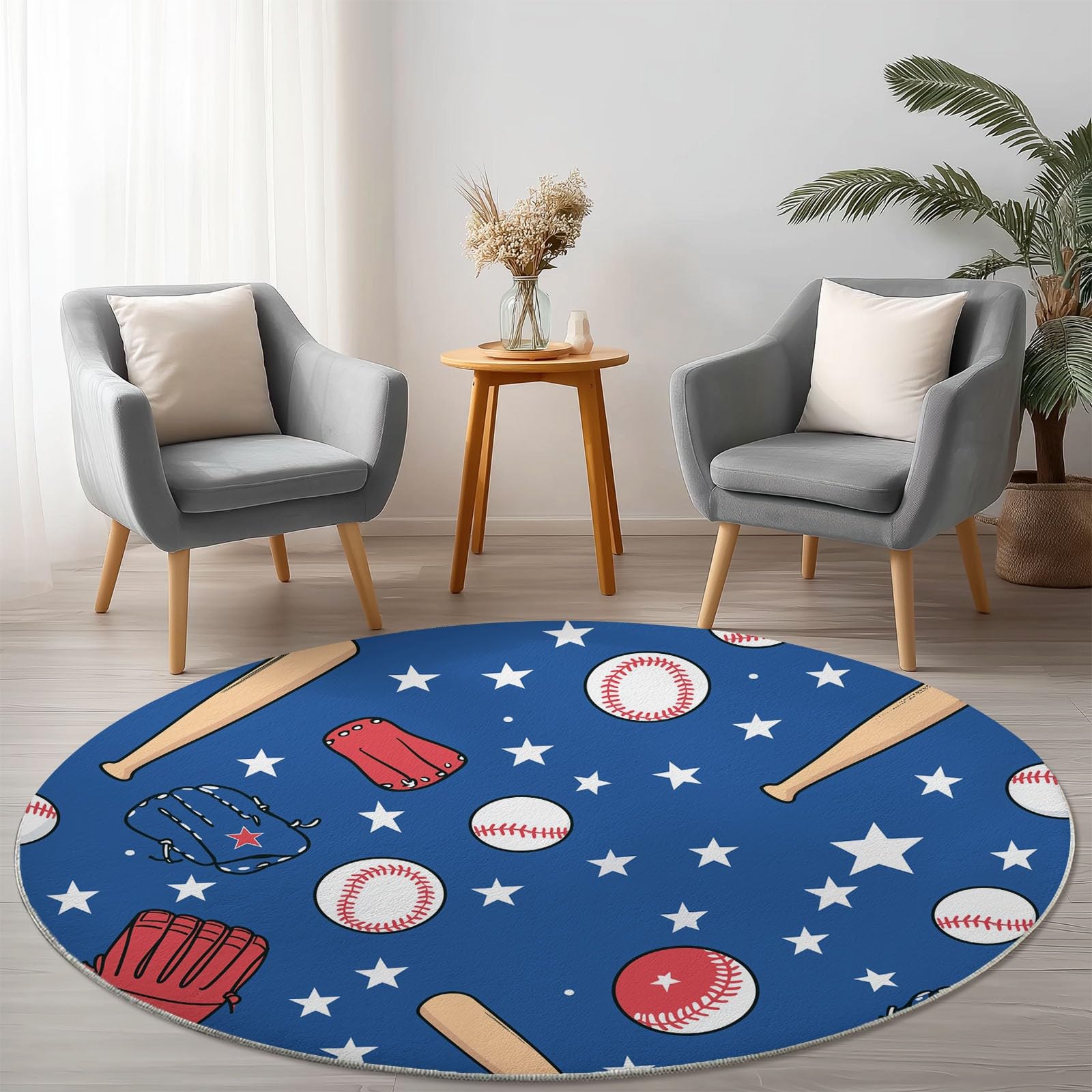 Tapis Rond 180 cm, Lavable & Antidérapant Doux à Poil Court, Motif Cartoon Baseball Étoiles Tapis pour Salon Chambre d'enfant d'amis Salle à Manger Bureau, Multicolore