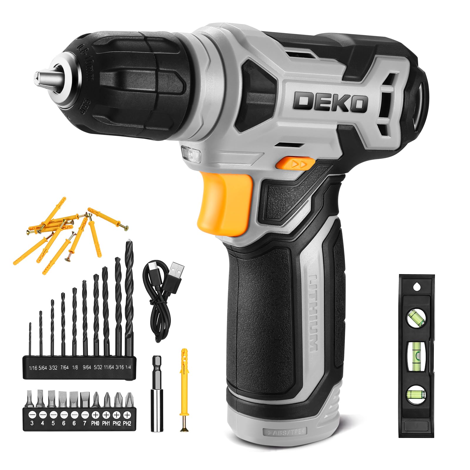 DEKOPRO - Taladro inalámbrico de 8 V, juego de taladros con portabrocas sin llave de 3/8 pulgadas, 42 piezas Acessories, LED incorporado, cable de carga tipo C, taladro eléctrico gris para taladrar y