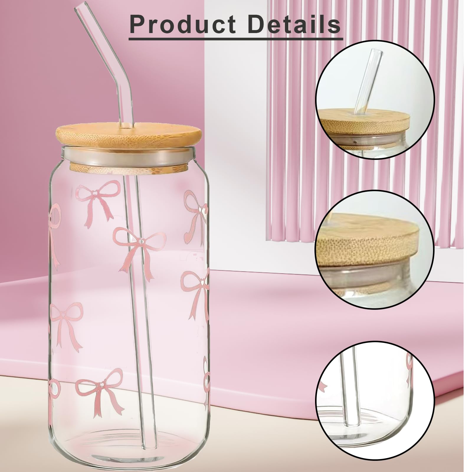 Gobelet En Verre Avec Couvercle Et Paille - 16 Oz, Design Nœud Et Plantes | Pour Café, Cocktails, Smoothies, Cadeau Tendance