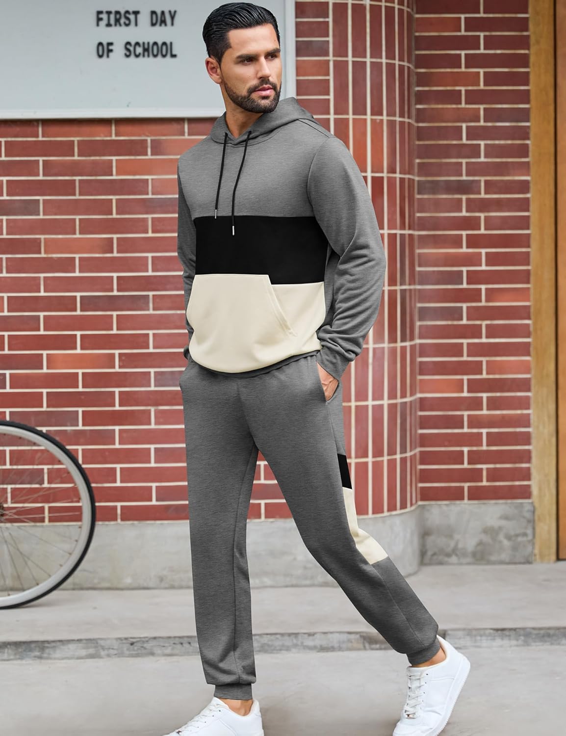 LecGee Men's 2 Piece Outfits Color Block Hoodie Sweatshirt Jogger Pants Set Casual Athletic Sweatsuit for Men - Image 2