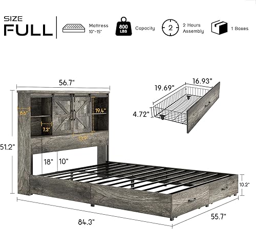 Miniatura 2 de HOWE Marco de cama de plataforma de madera de tamaño matrimonial con cabecera de estantería de 51.2 pulgadas, cama de almacenamiento con puerta