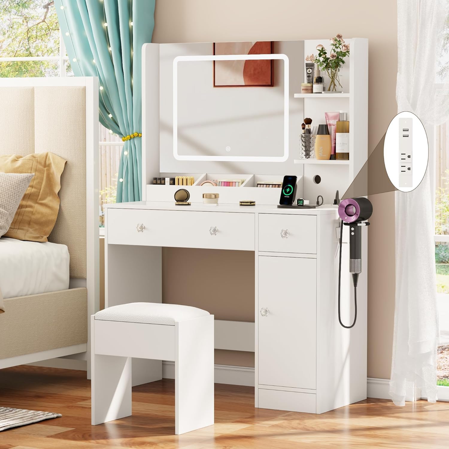 Korfile White Makeup Vanity Desk with Lighted Mirror, Stool, 3-Color Lights, Power Outlet & Storage - 34" Dressing Table Set