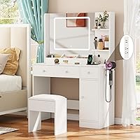 Korfile White Makeup Vanity Desk with Lighted Mirror, Stool, 3-Color Lights, Power Outlet & Storage - 34" Dressing Table Set