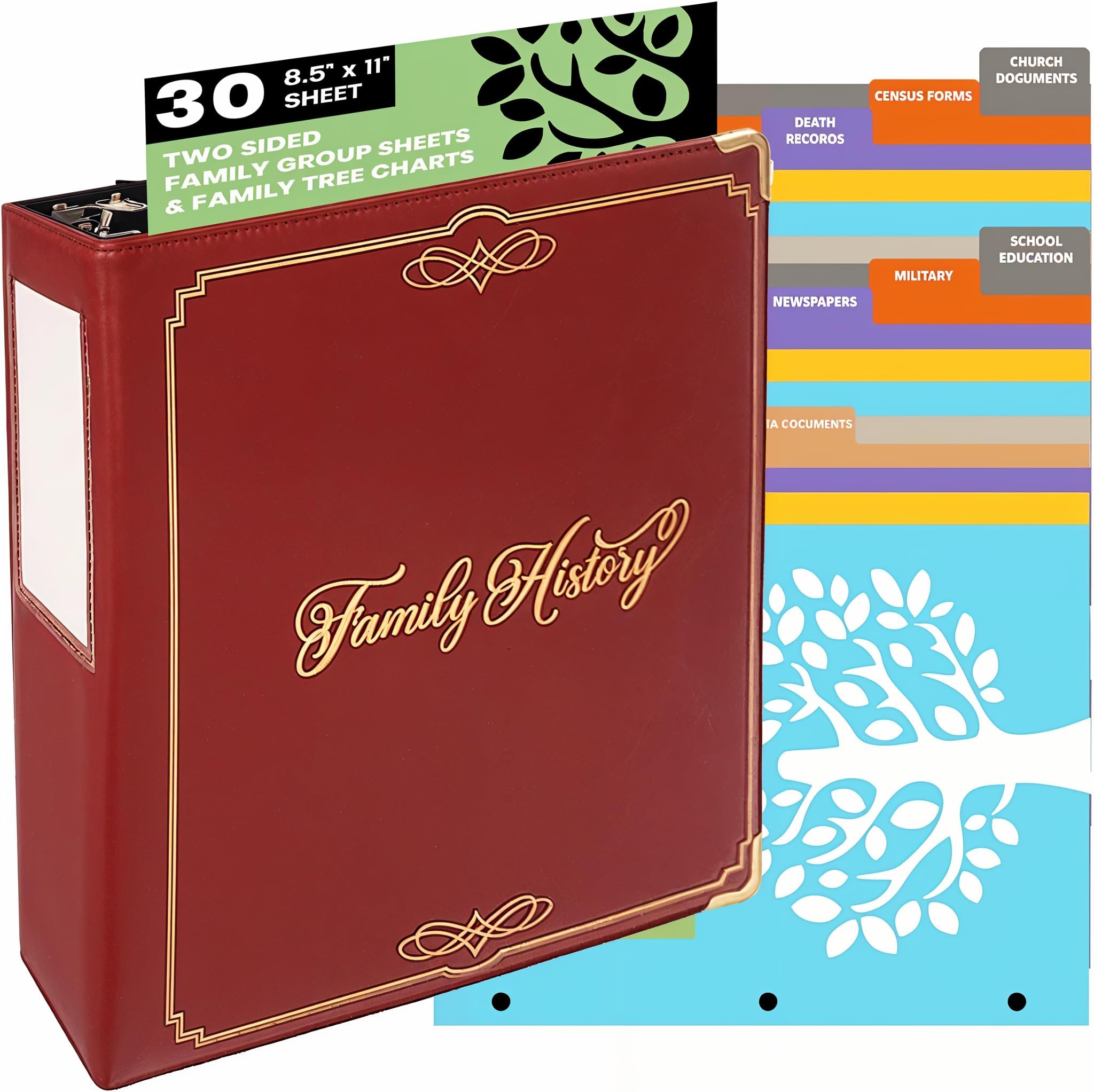 Performore Family History Binder, 3 Inch Genealogy Ring Binder Includes 30 Two Sided Large Family Group Sheets, 8.5 x 11 Inch Printed Paper with Blank Charts, Three-Hole Punch and Pen Loop
