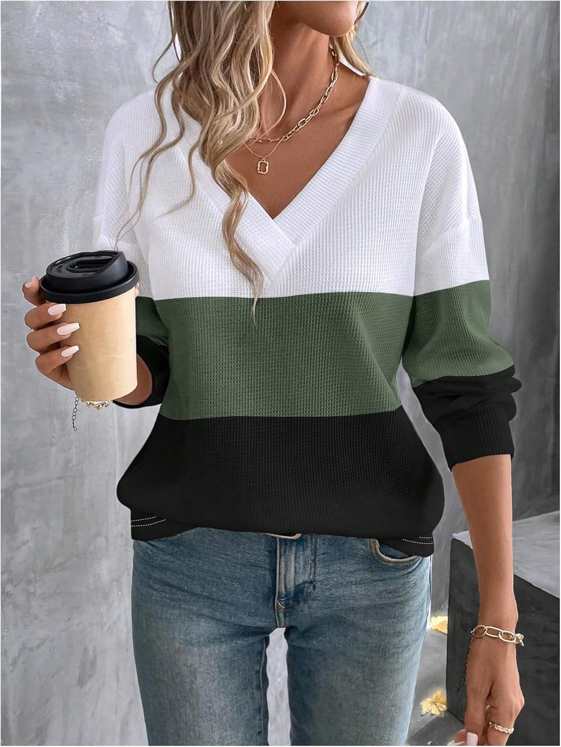 SOLY HUX Women's Color Block T Shirt V Neck Drop Shoulder Long Sleeve Knit Tee Tops Casual Fall Clothes - Image 5