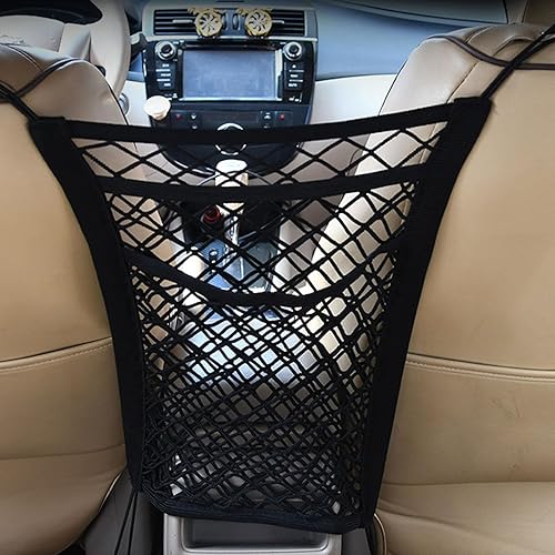 Miniatura 3 de 1 organizador de malla de 3 capas para automóvil con 4 ganchos, bolsa de red elástica de cuatro lados de 11.8 x 11.8 pulgadas, bolsillo de red de