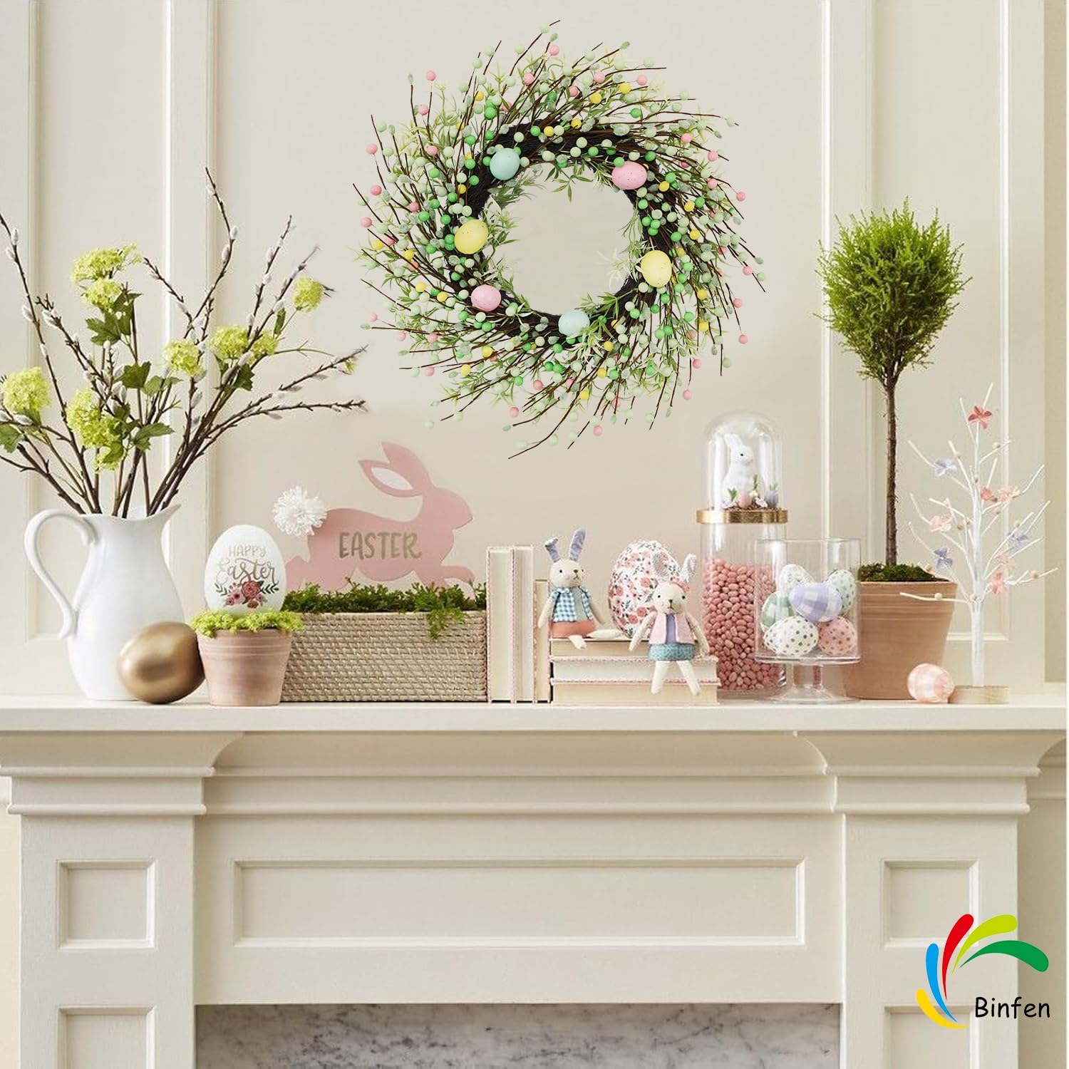 20" Easter Wreath – Pink, Green Yellow Berry & Egg Wreaths for Front Door, Spring Easter Wreath Door Decor Outdoor Indoor - Image 4