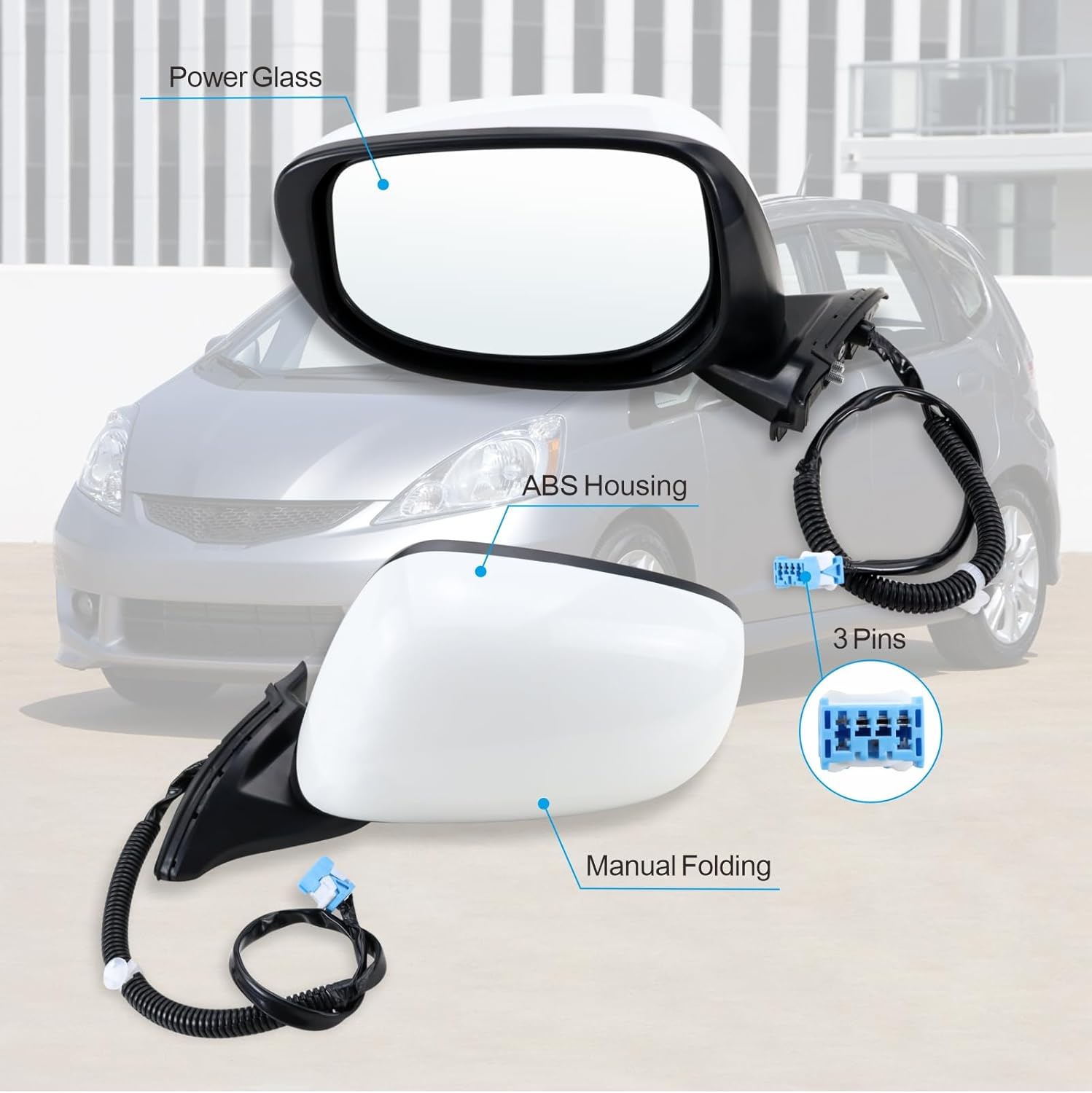 Left Driver side Mirror compatible with 2009 2010 2011 2012 2013 2014 Honda fit with Manual Folding power glass Non-Heated can be DIY Paintable Replace# 76208-TK6-305, 76208TK6305(3 Pins)