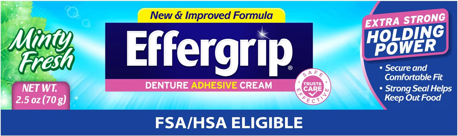 Effergrip Denture Adhesive Cream, Extra Strong Holding Power, 2.5 oz