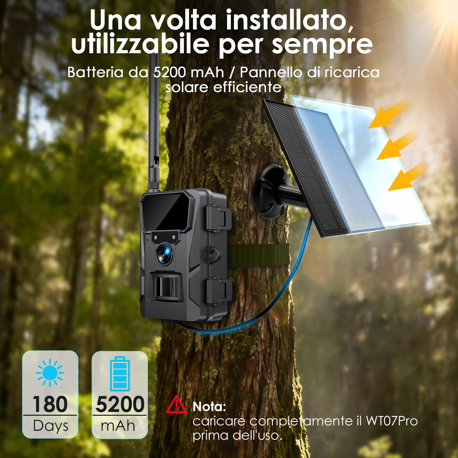 WOLFANG Fototrappola 4G LTE Solare 2K con Scheda SIM e 64GB SD, Visione Notturna, IP66, Nero