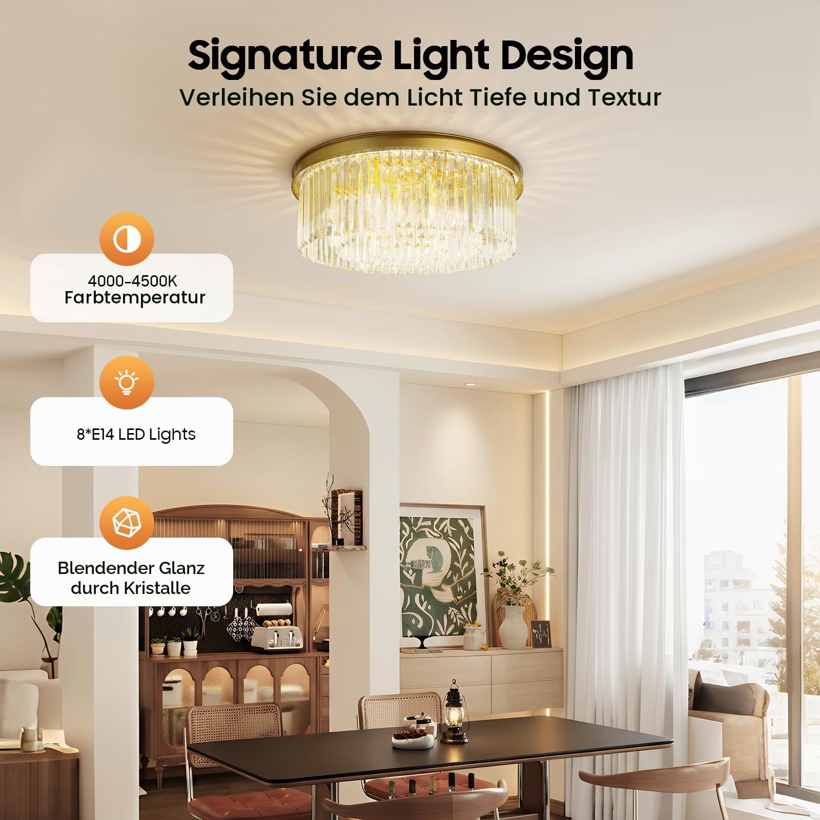 60cm Kristall Deckenleuchte Kristall Kronleuchter Rund Klar Kristall Pendelleuchte Deckenlampe Schlafzimmer Kristall Lampe Gold 8 x E14 Lichter für Esszimmer, Küche, Wohnzimmer