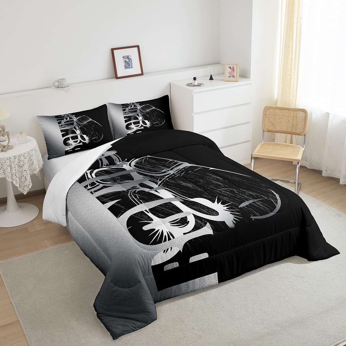 Feelyou Boys Comforter Boxing Sports Bedding Set for Kids Teens Men Boxing Gloves Decor Comforter Set Competitive Games Duvet Set Black Gray Full Size with 2 Pillow Case Boys